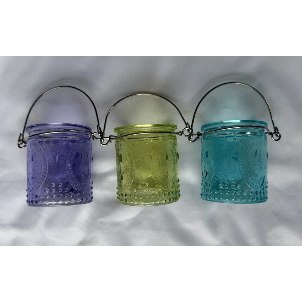 Yankee Candle French Glass 3 Piece Tea light Votive Holders Purple Blue Green